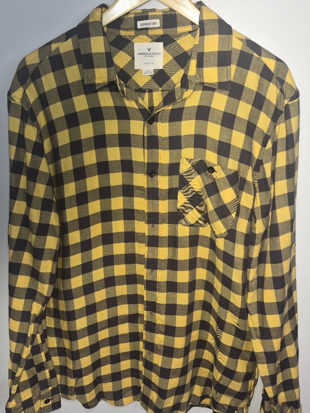 American Eagle Mens Large Yellow Black Buffalo Check Flannel Shirt Long Sleeve